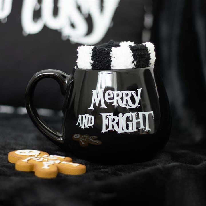 Black Merry and Fright mug with striped socks