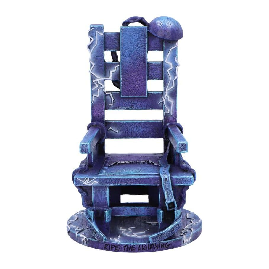 Blue electric chair ornament with Metallica logo on the seat and white lightning lines