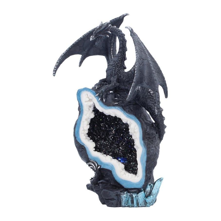 Black dragon guarding an open geode with blue and white crystals