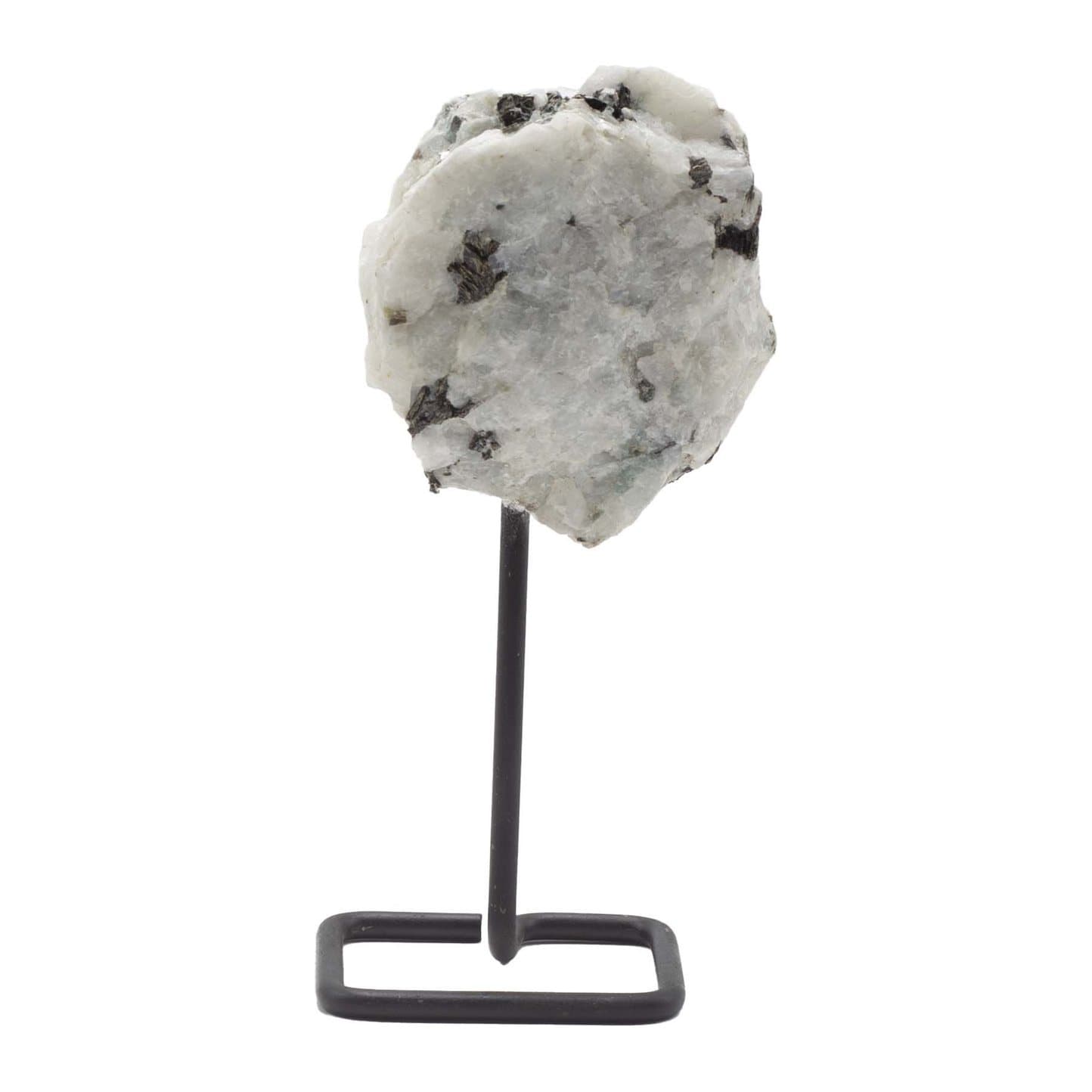 Rainbow Moonstone mineral specimen on a black metal stand