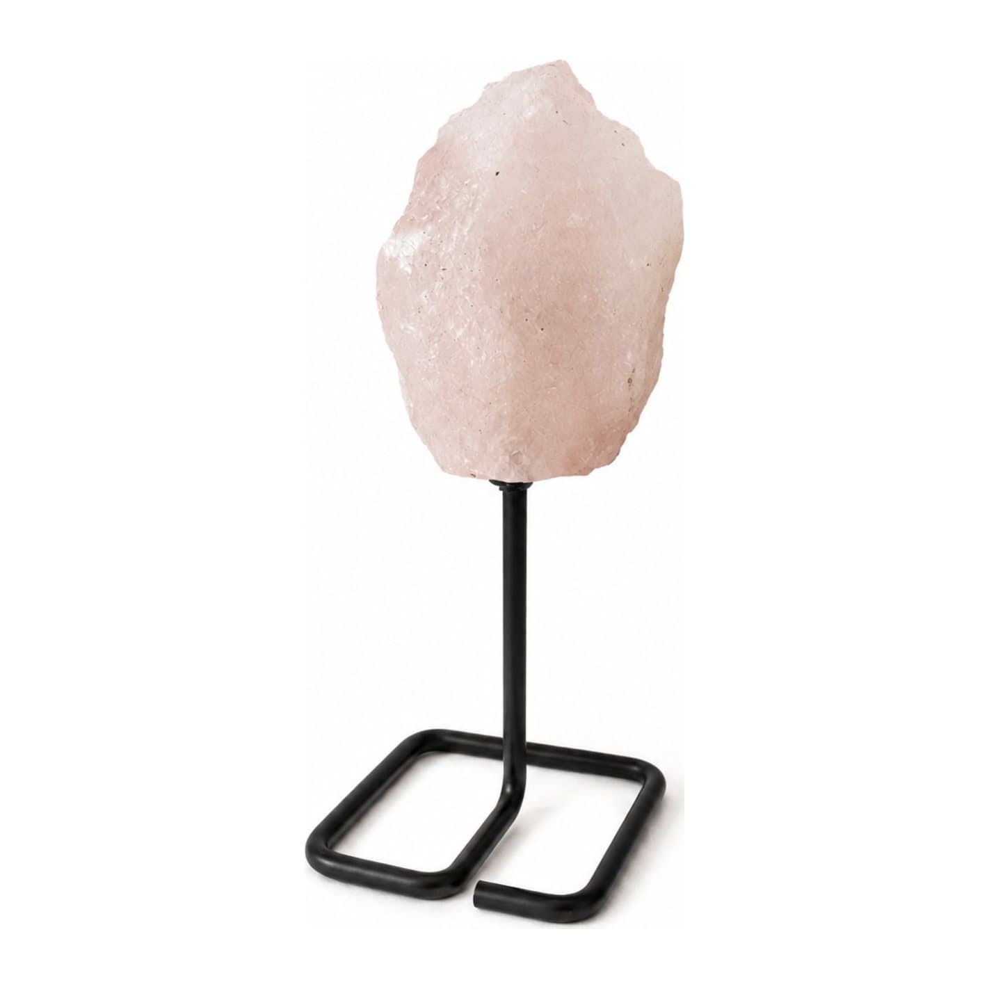 Raw pale pink rose quartz specimen mounted on a black metal stand