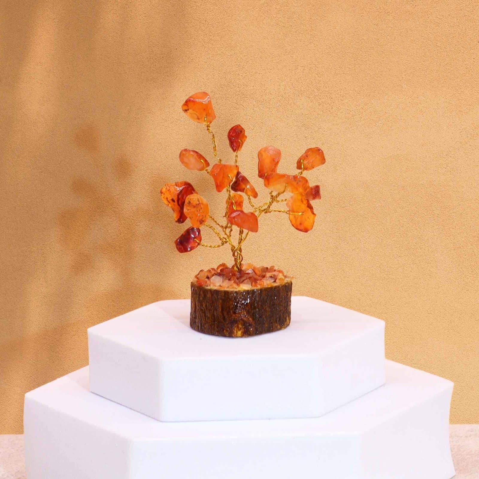 Mini carnelian gemstone tree on a wood base, with 15 stones