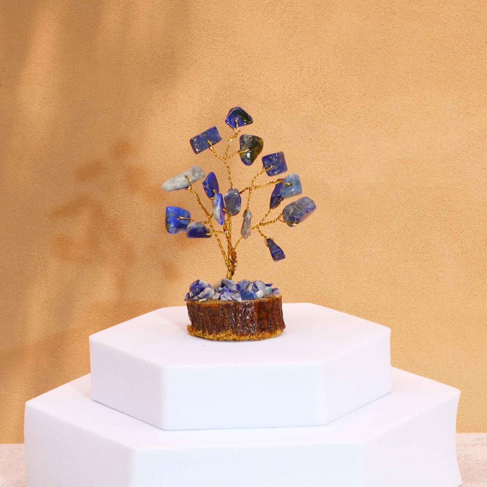 Mini gemstone tree on a wood base with sodalite stones