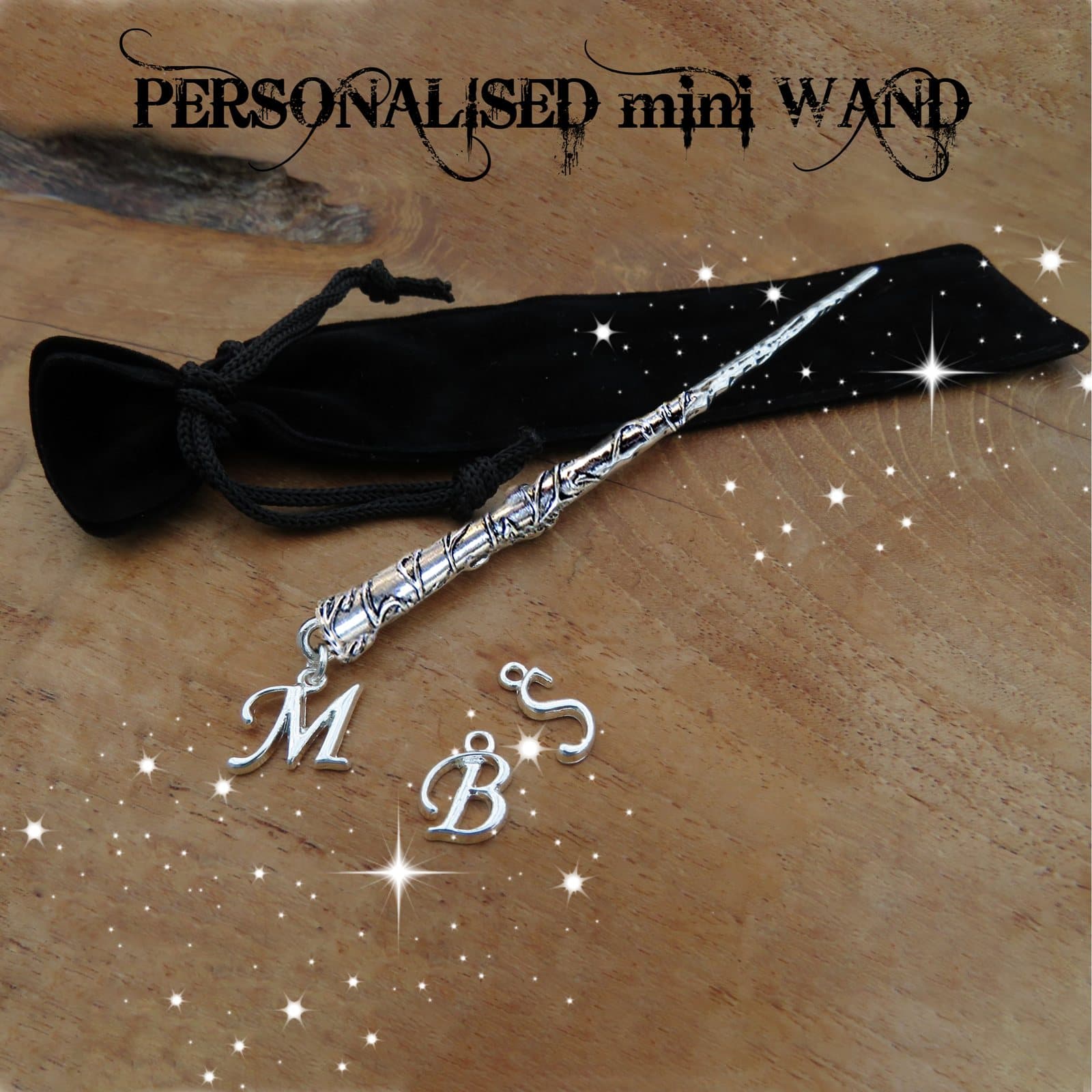 Personalised mini wand with a silver plated initial