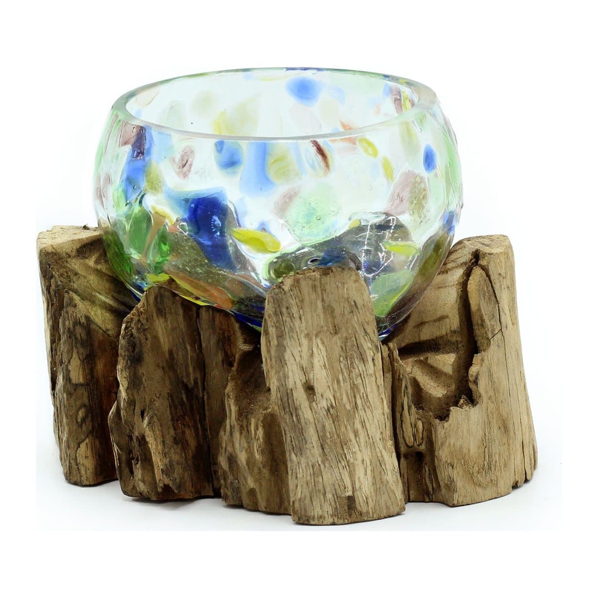 Small bowl of coloured glass fitted into a natural wooden base