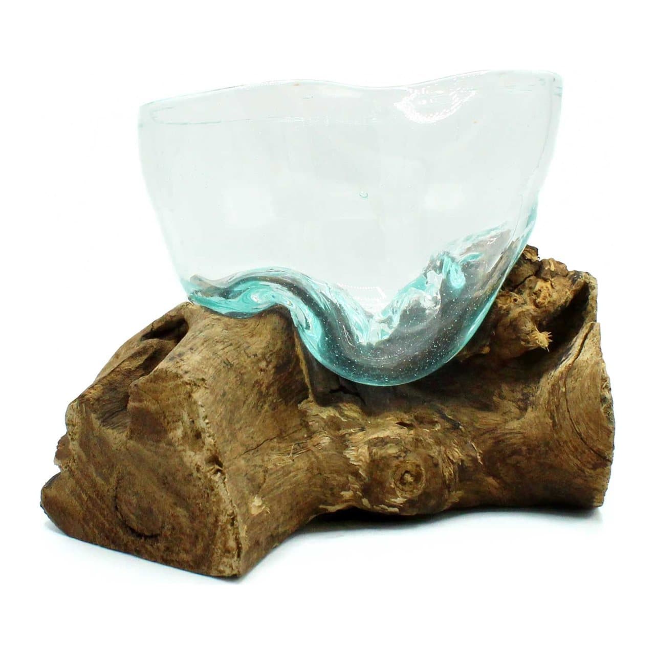 Misshapen molten glass bowl resting on a Gamal wood base