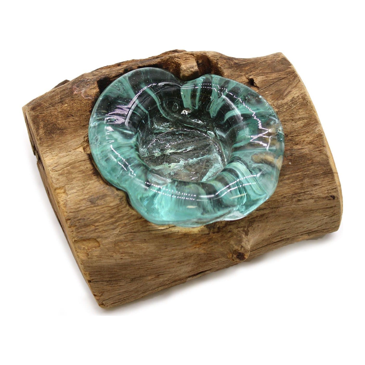 Molten glass candle holder on a wooden base
