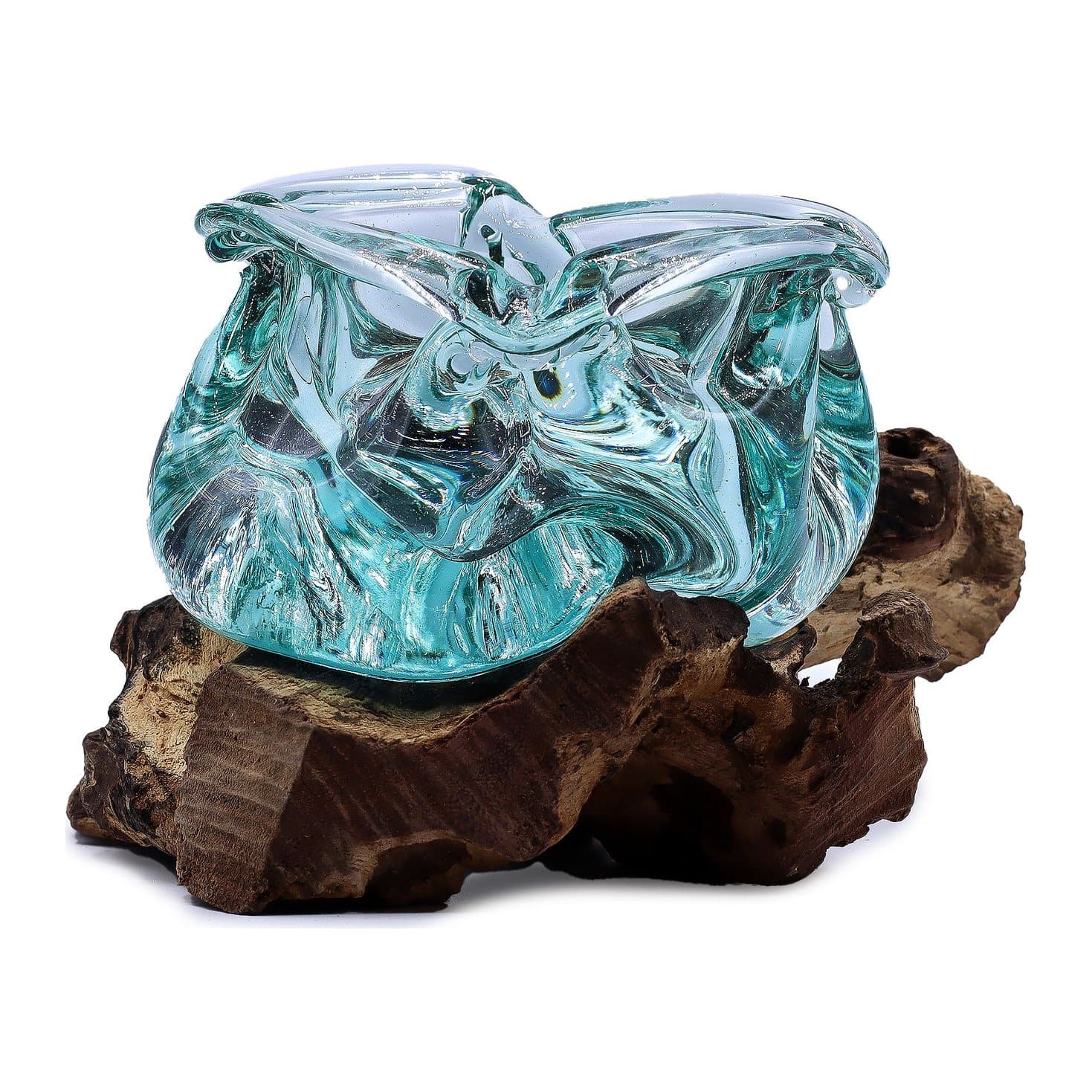Chunky molten glass ashtray and candle holder resting on a gamal wood base
