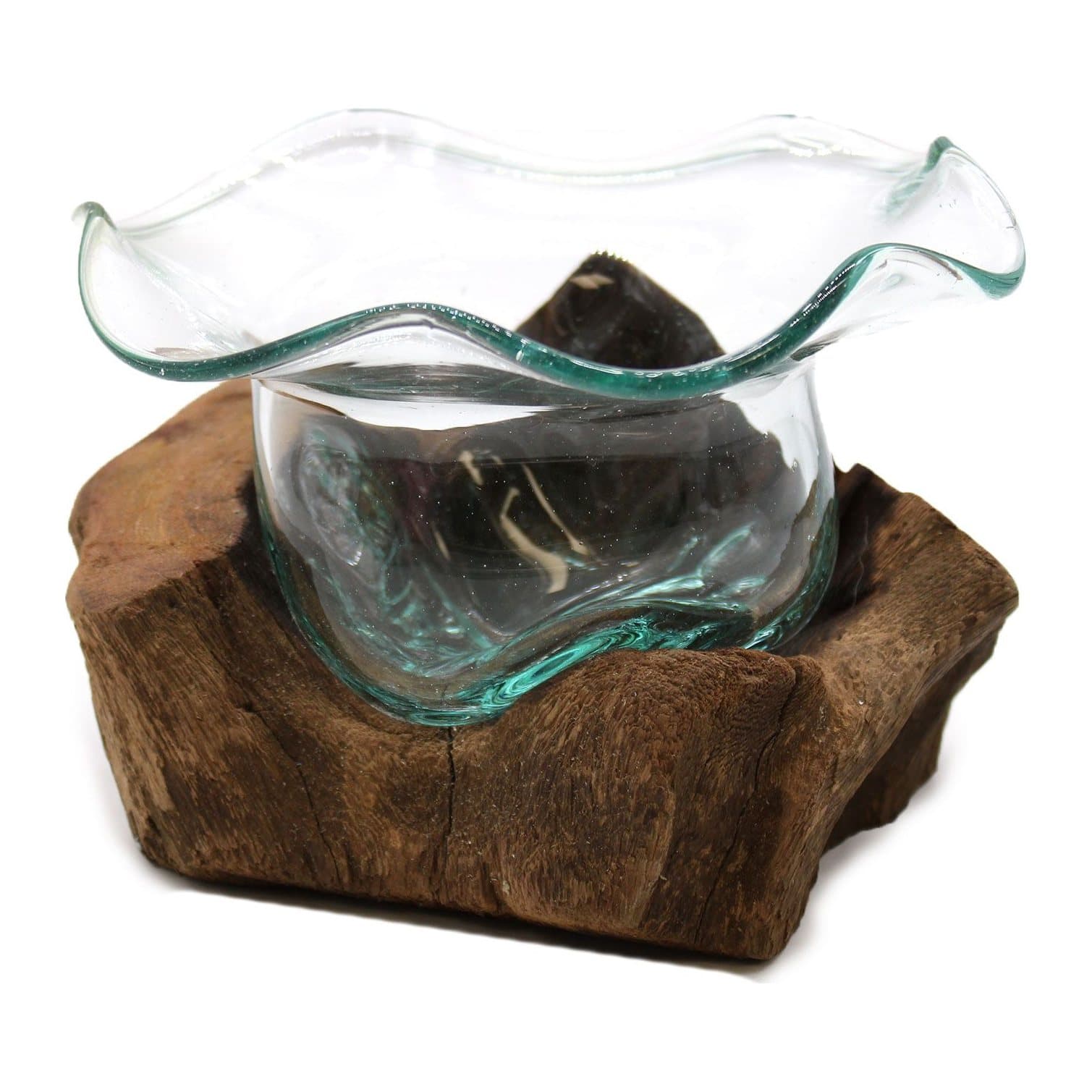 Handmade molten glass sweet bowl set on a gamal wood base