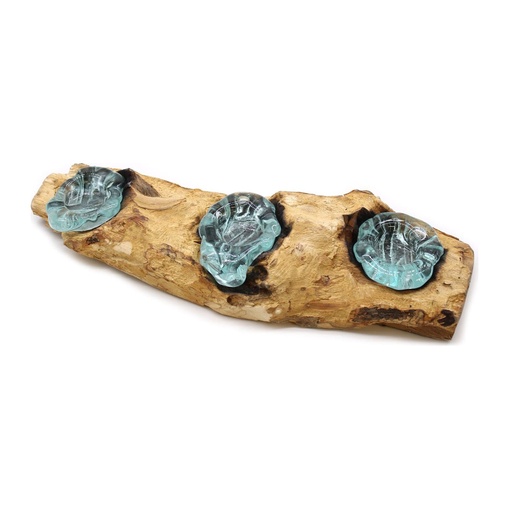 Flat triple candle holder in molten glass set on a gamal wood base