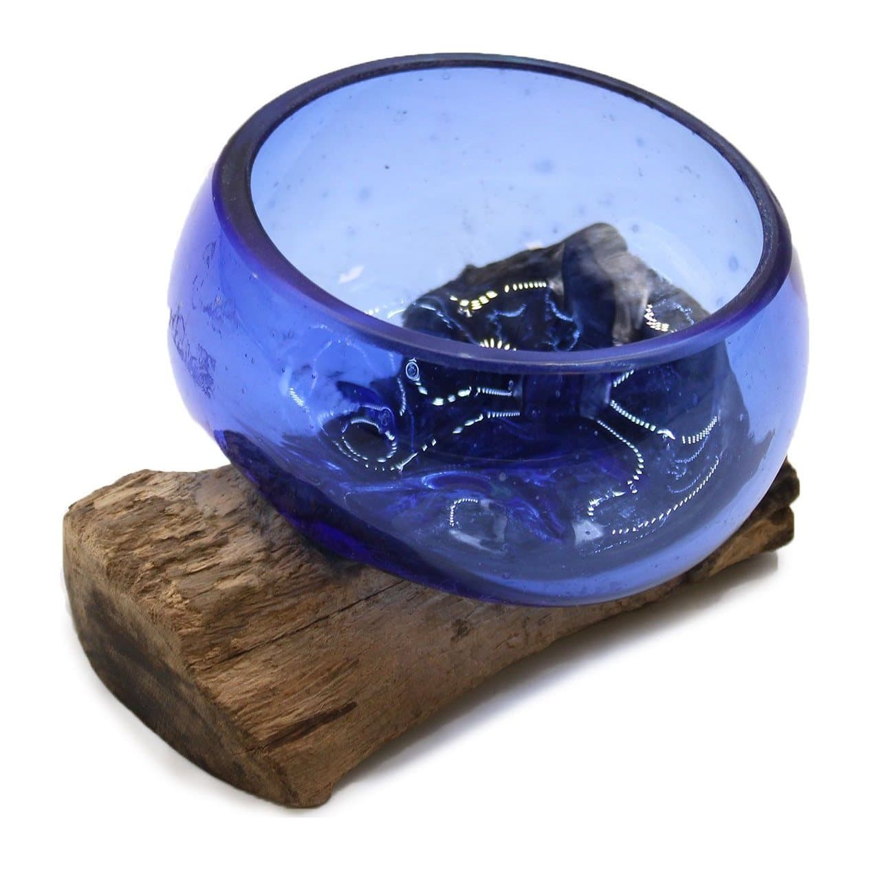 Mini blue molten glass bowl on a gamal wood base