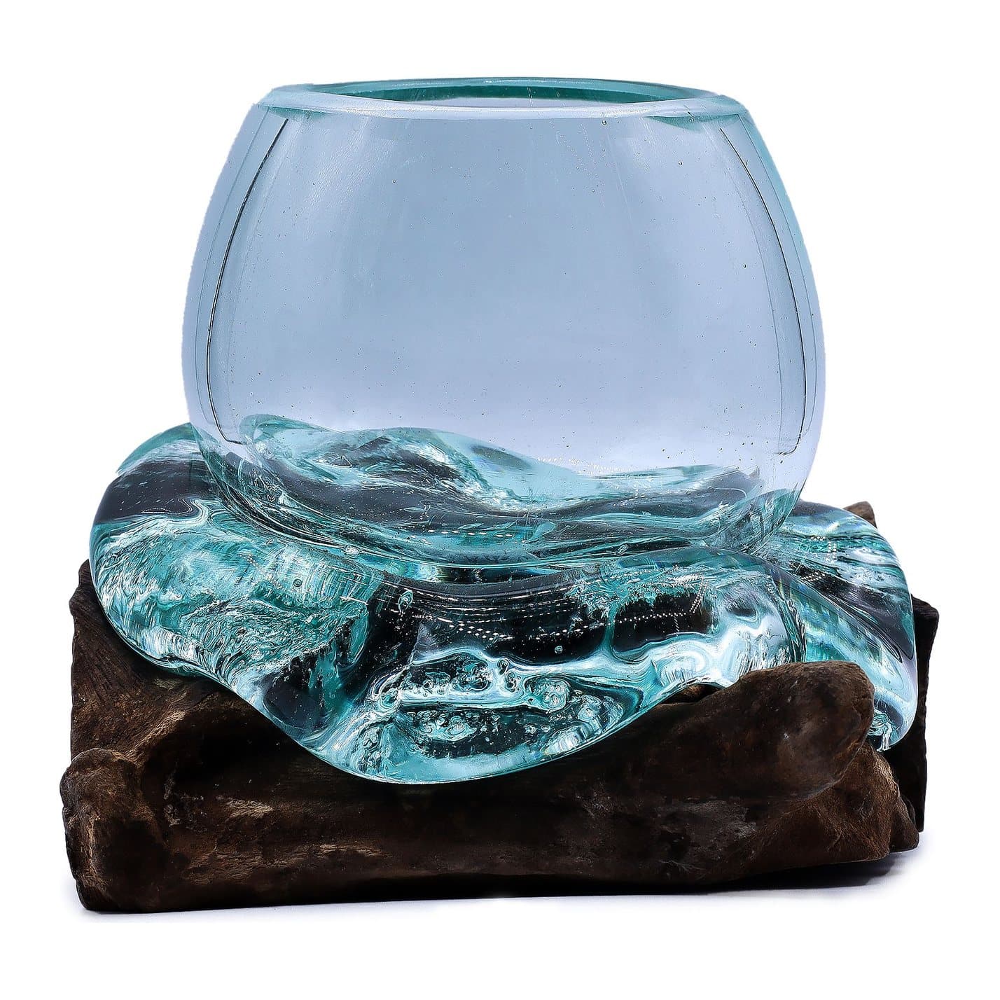 Mini molten glass goldfish bowl melted over a natural wood base