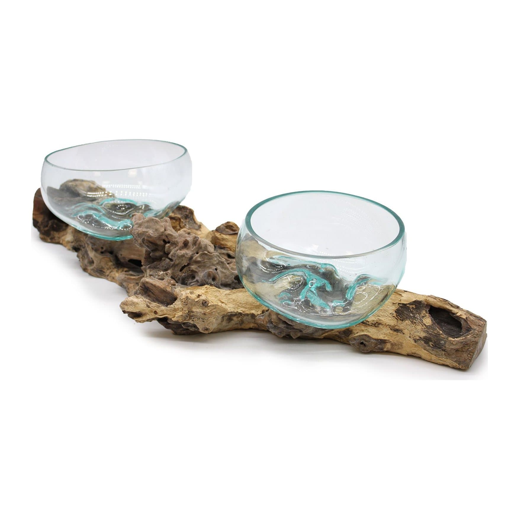 Extra large molten glass on wood double stand in gamal wood and glass