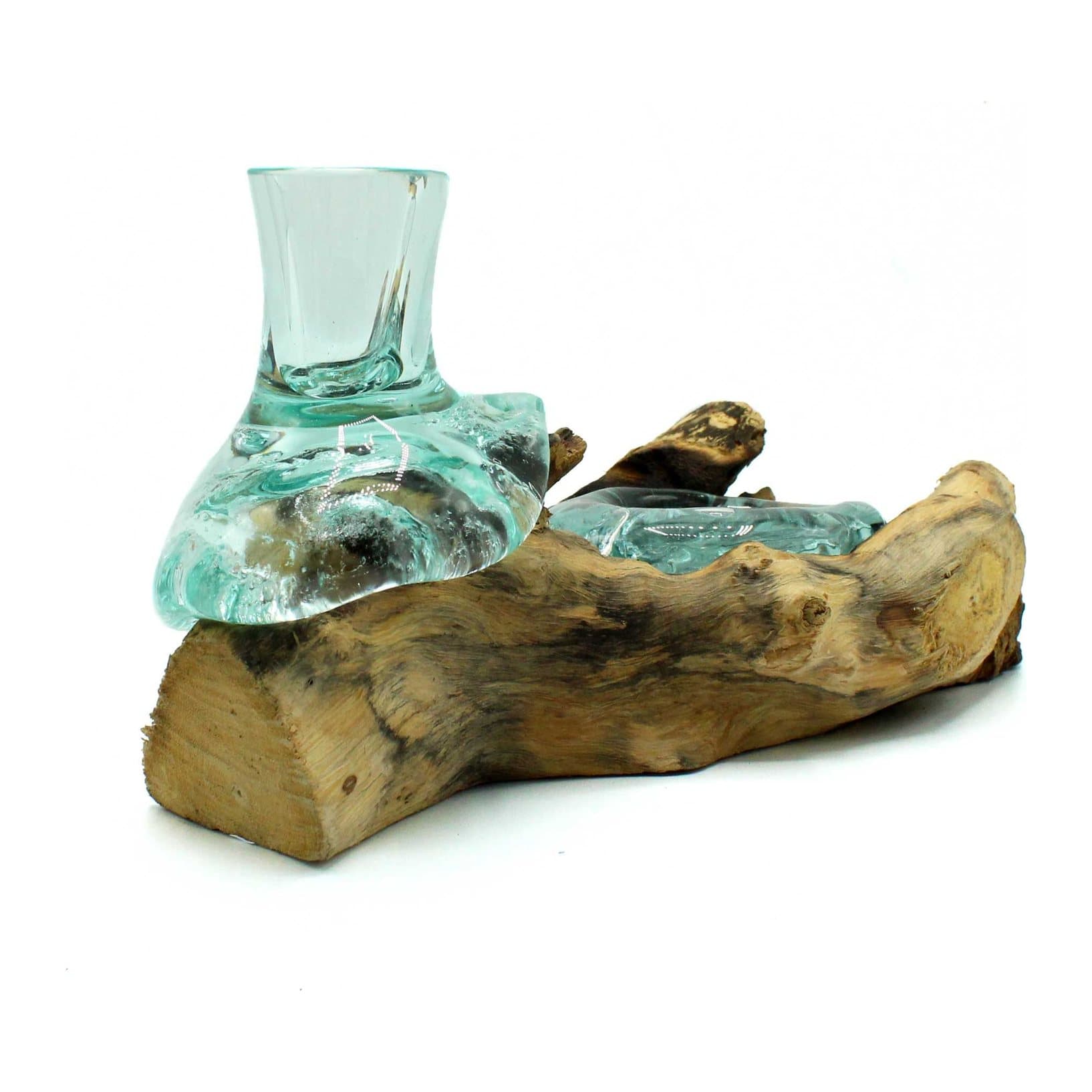 Transparent molten glass vase and tealight holder on a wood base
