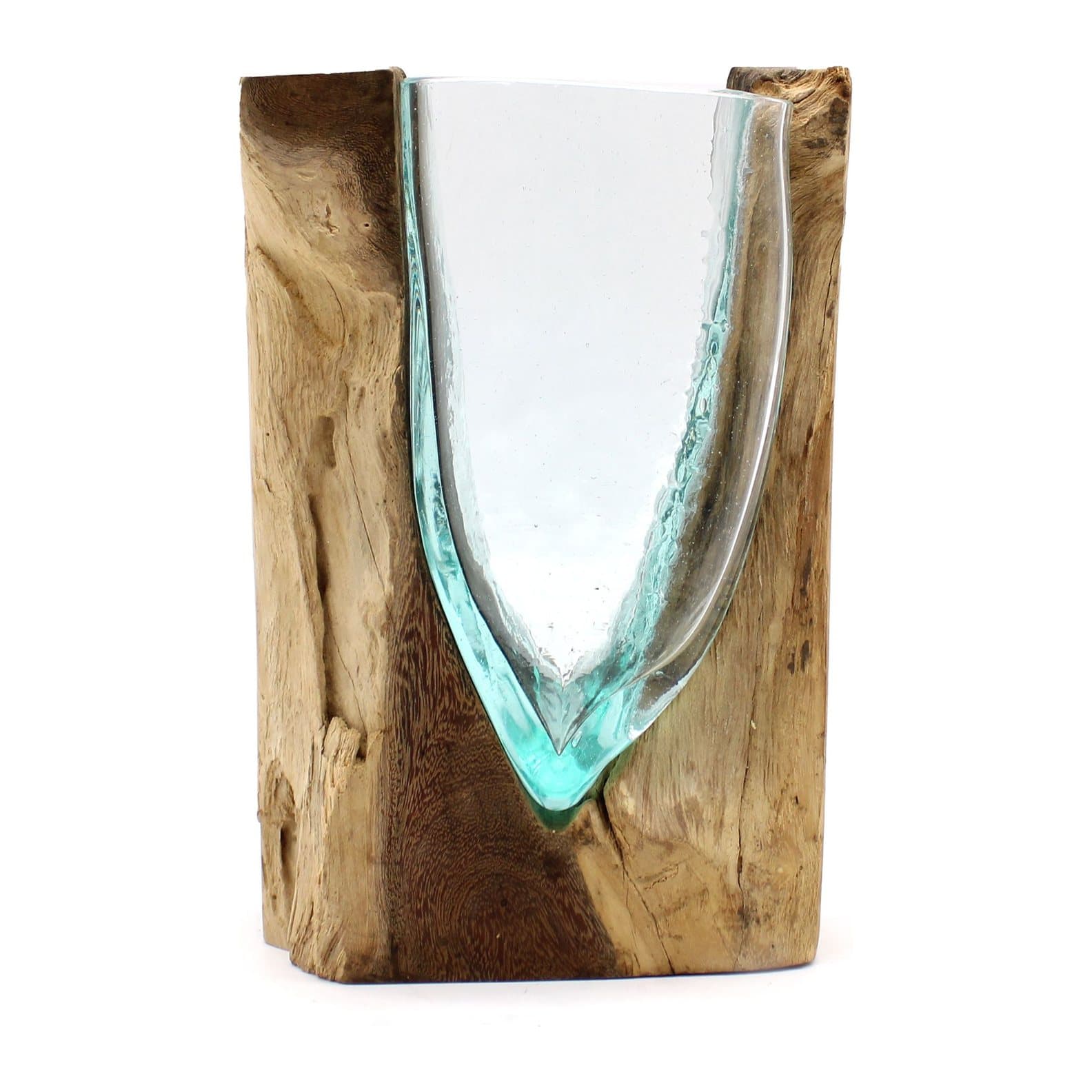 V-shaped molten glass art vase resting on a piece of Gamal wood