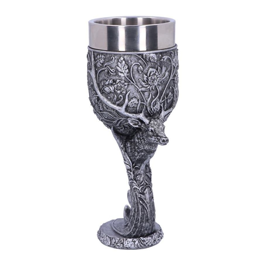 Resin goblet with a stag head on the stem and floral detailing to a steel rim