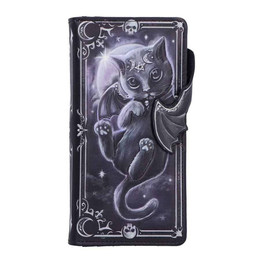 Embossed leather purse with crescent moon motifs and a vampiric cat design