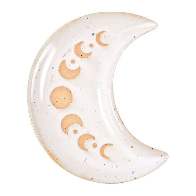 Crescent moon shaped stoneware trinket tray with a moon phases design