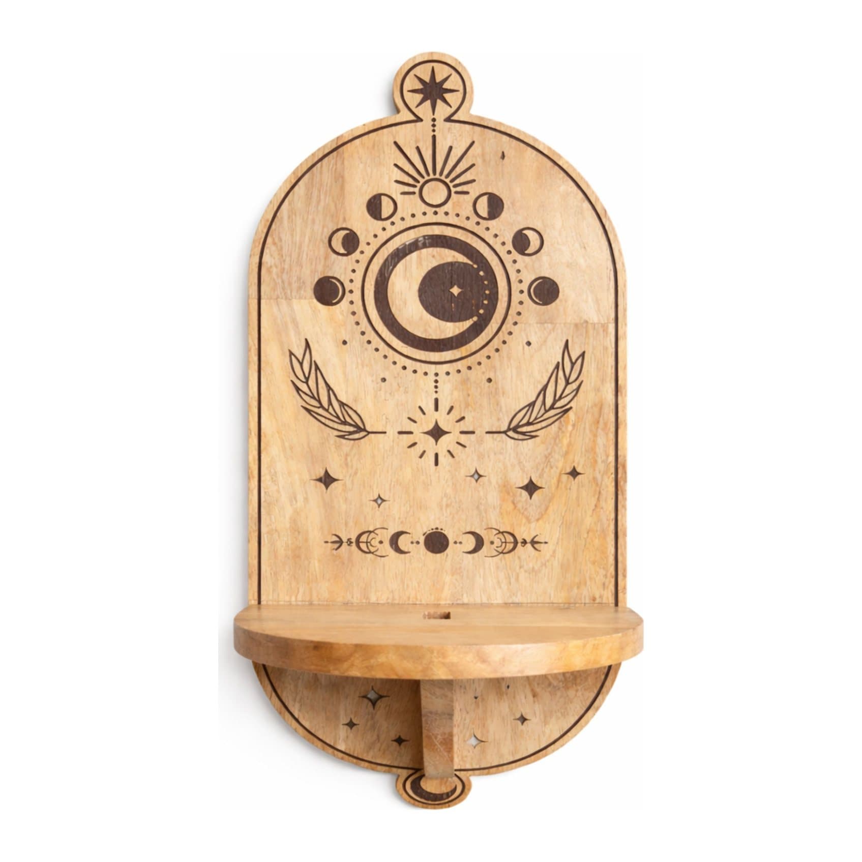 Arched mango wood wall shelf with moon phases and a carved tree