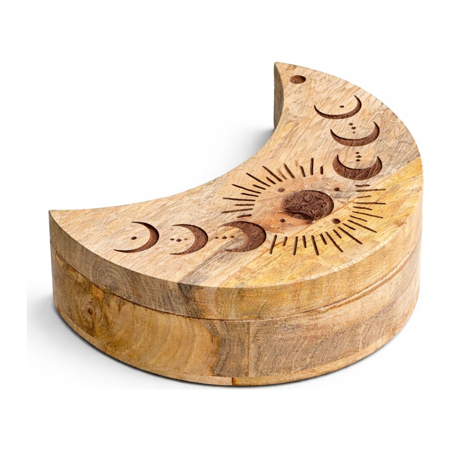 Crescent moon-shaped wooden box with carvings