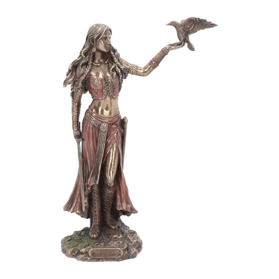 Morrigan Celtic goddess figurine with sword drawn and a raven, bronze finish resin