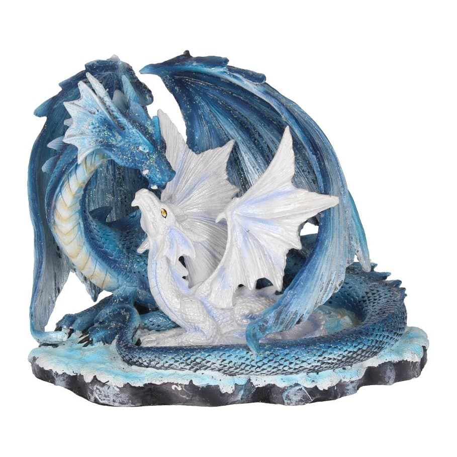 Blue mother dragon figurine with a white dragonling on snow-covered rock