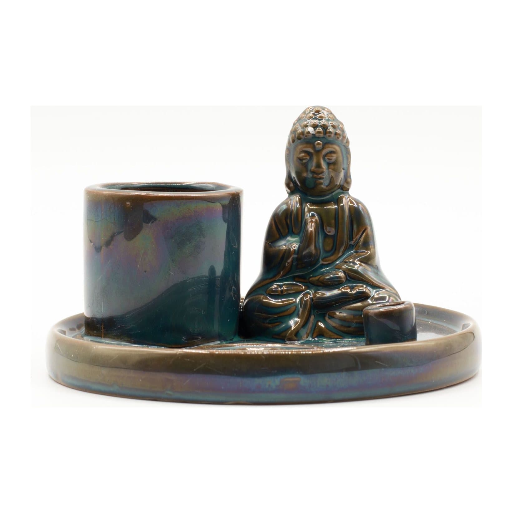 Blue ceramic Buddha incense plate with a seated Buddha
