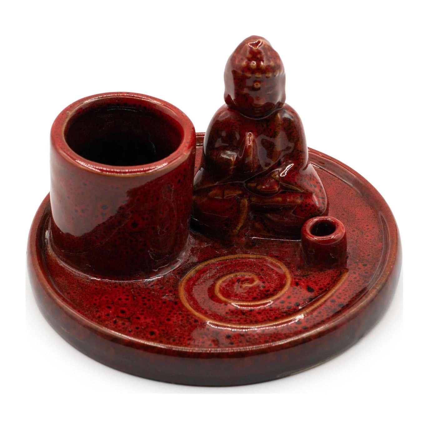 Soft red ceramic Buddha incense plate with seated Buddha and holders