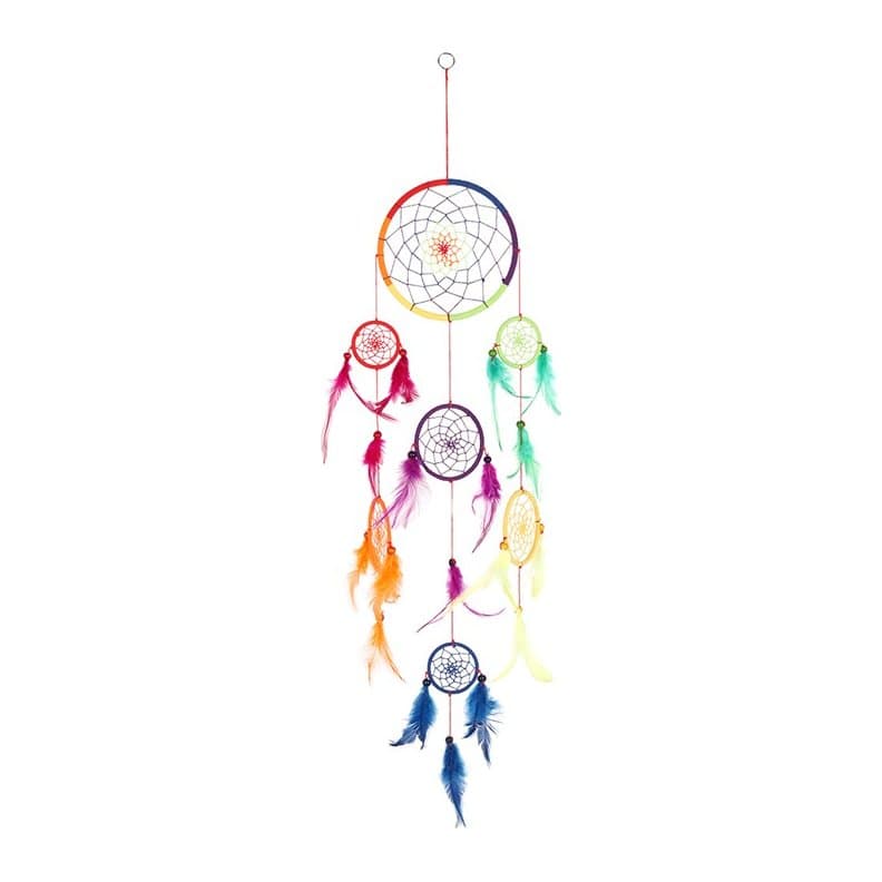 Rainbow dreamcatcher woven from string in vibrant colours