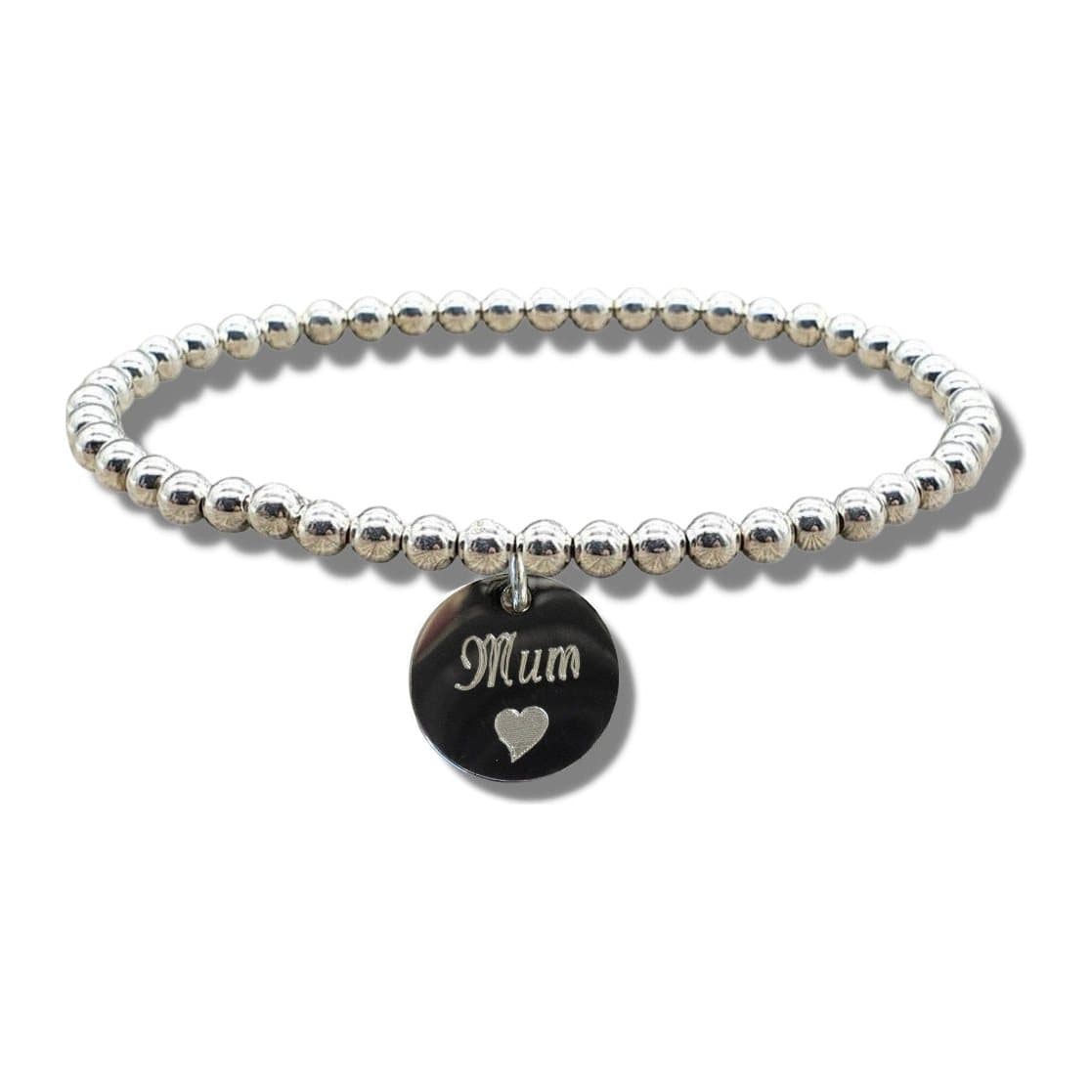 Silver beaded bracelet with a round disc engraved Mum and a heart