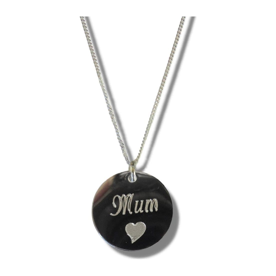 Silver disc necklace engraved with Mum and a small heart on a silver chain
