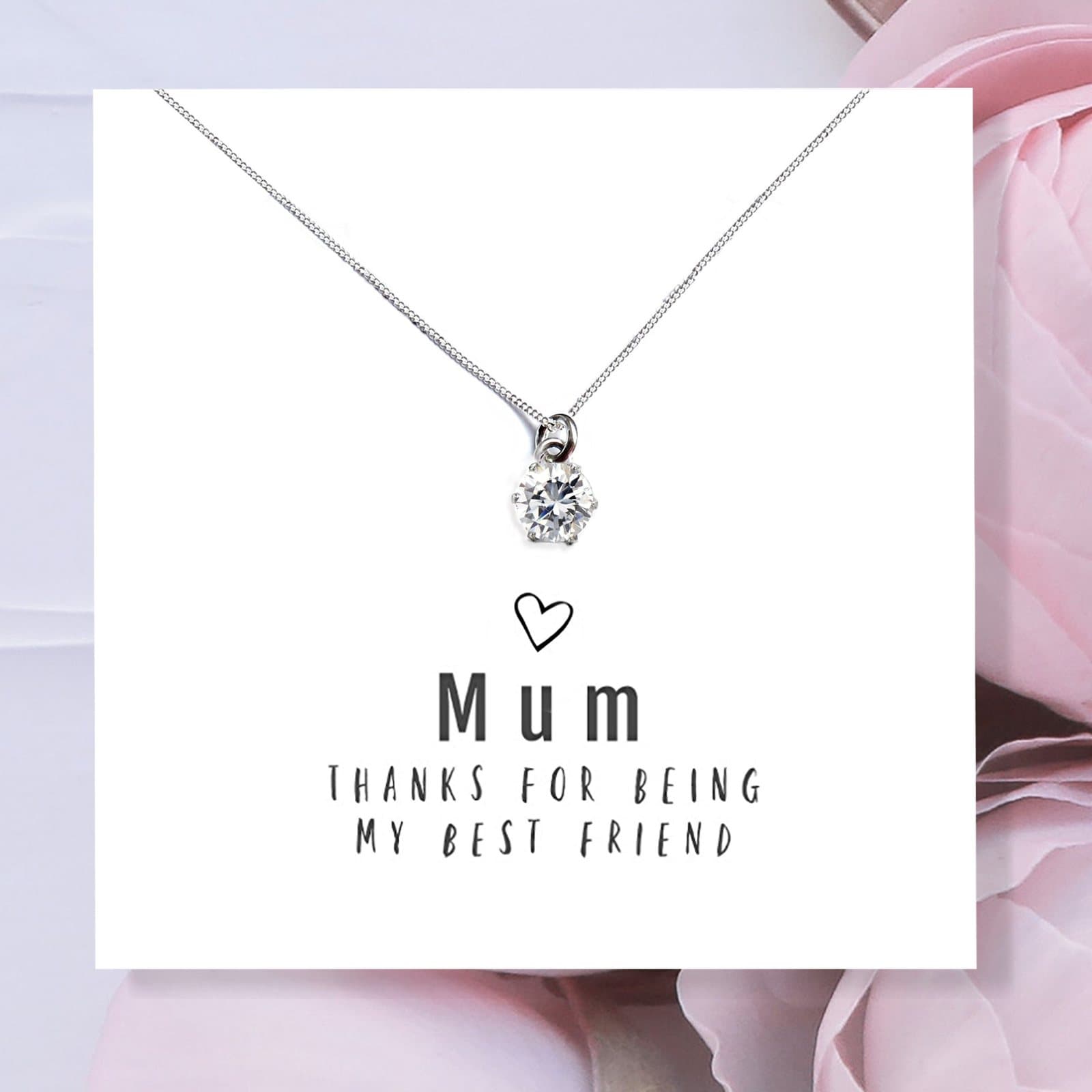 Charm necklace on a message card reading Mum Thanks For Being My Best Friend