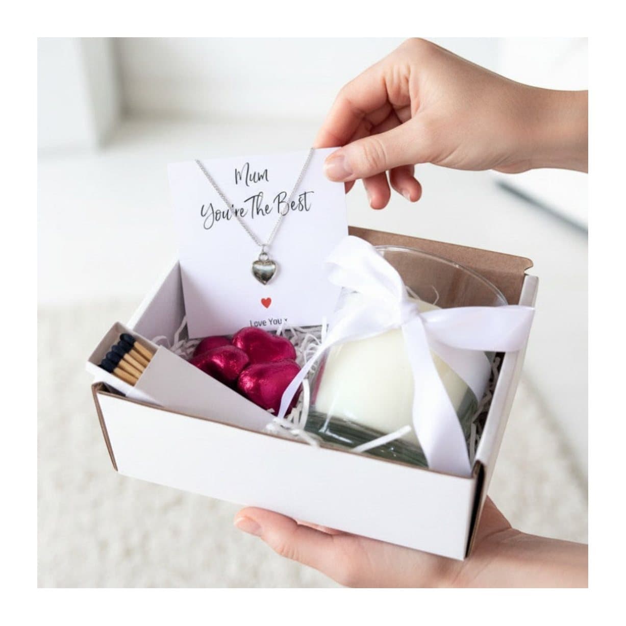 Silver puff heart necklace, vanilla candle and milk chocolate hearts for mum