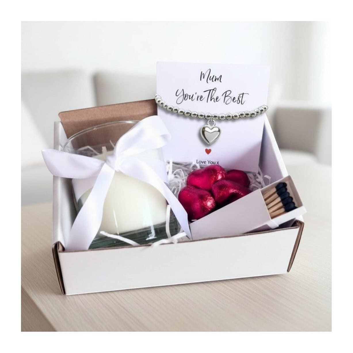 Mum gift hamper with heart bracelet, scented candle and chocolate hearts