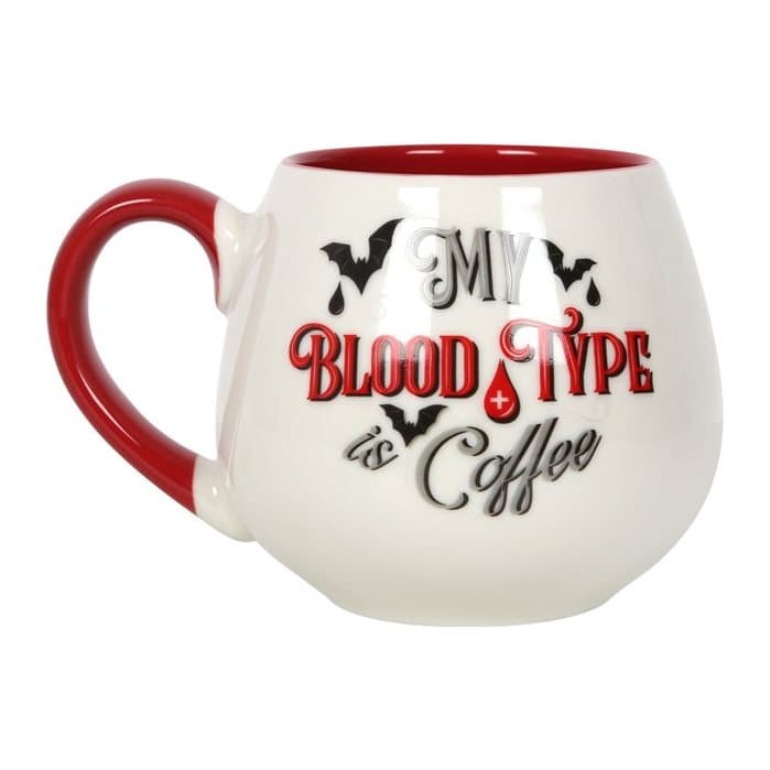 Rounded mug with My Blood Type is Coffee text and a red handle