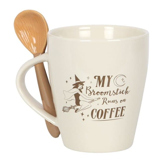 Witch coffee mug with a flying pin-up witch and a matching broom teaspoon