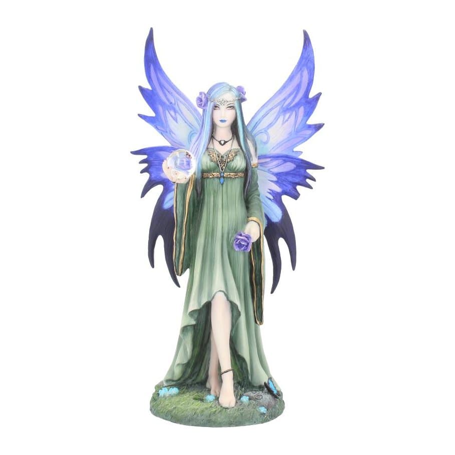 Resin gothic fairy figurine in a green dress with purple wings holding a crystal ball