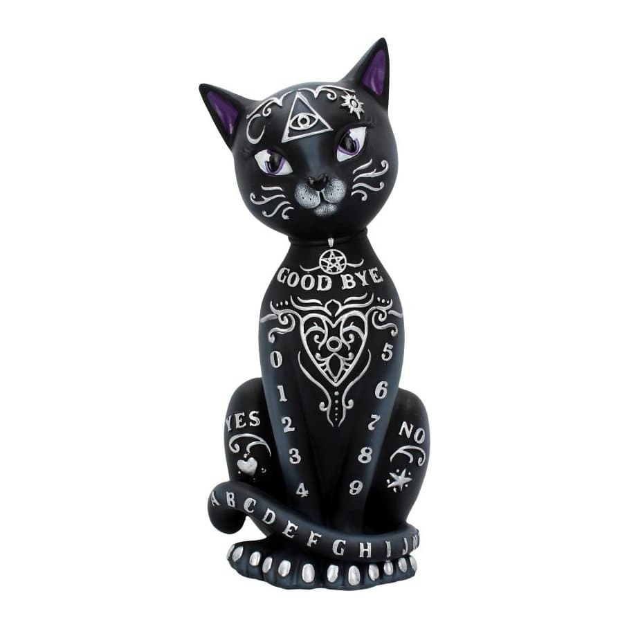 Black cat figurine with silver spirit board letters and numbers on its fur