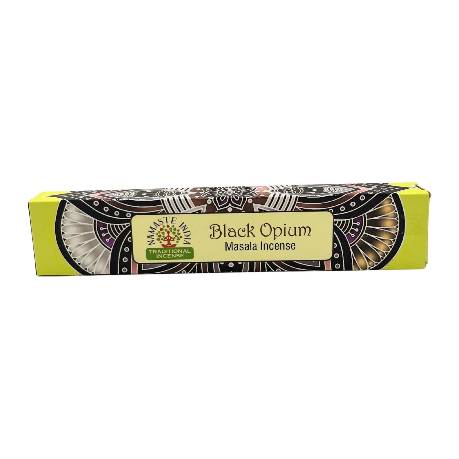 Black Opium masala incense sticks in boxes decorated with mandala patterns