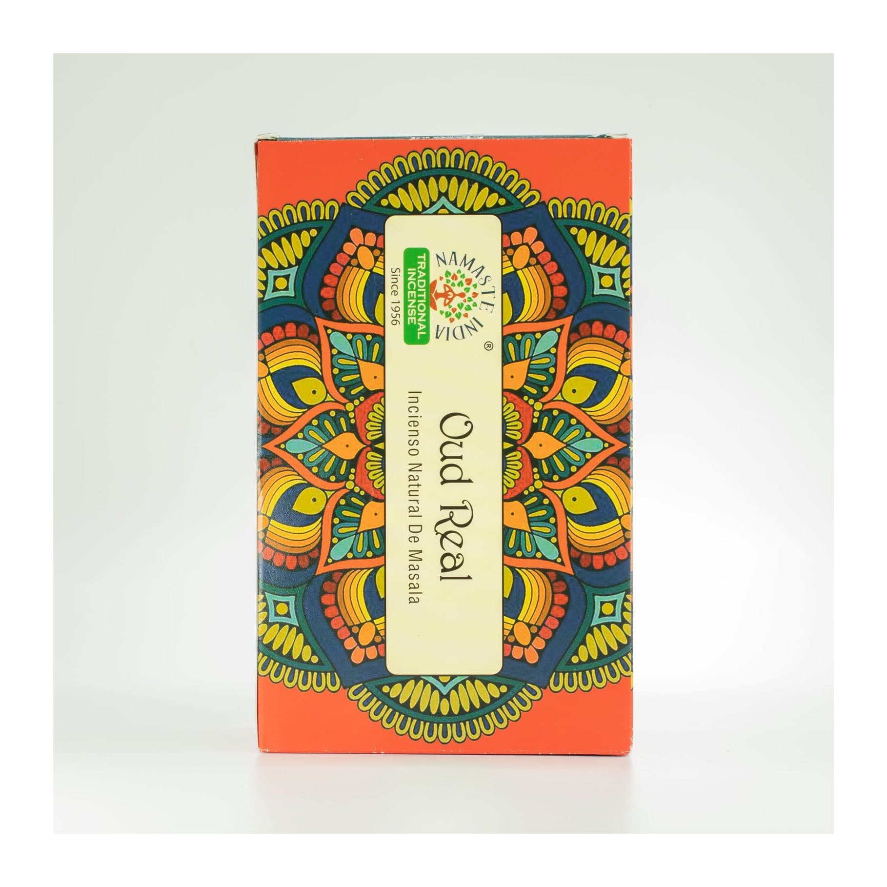 Namaste Oud Royal masala incense pack with an illustrated mandala-style design