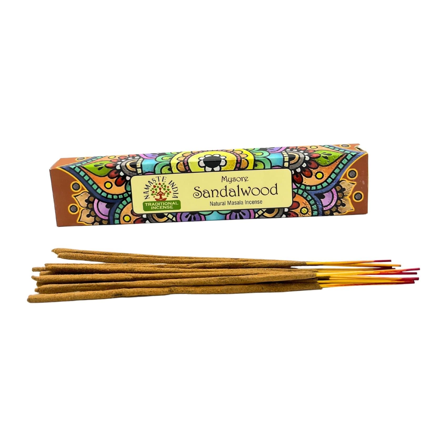 Sandalwood incense sticks in a box with mandala patterns