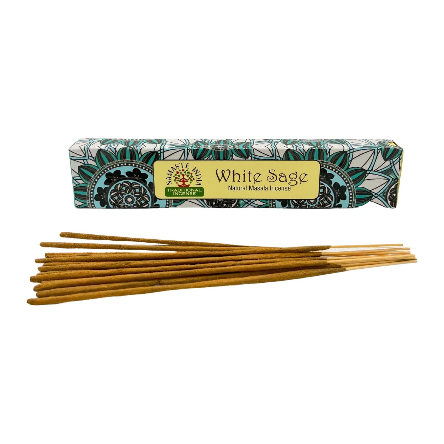 Two boxes of Namaste White Sage masala incense sticks with mandala patterns