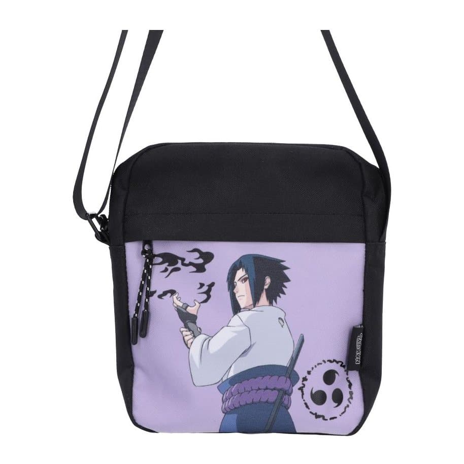 Light purple Naruto crossbody bag with Sasuke Uchiha character artwork on the front