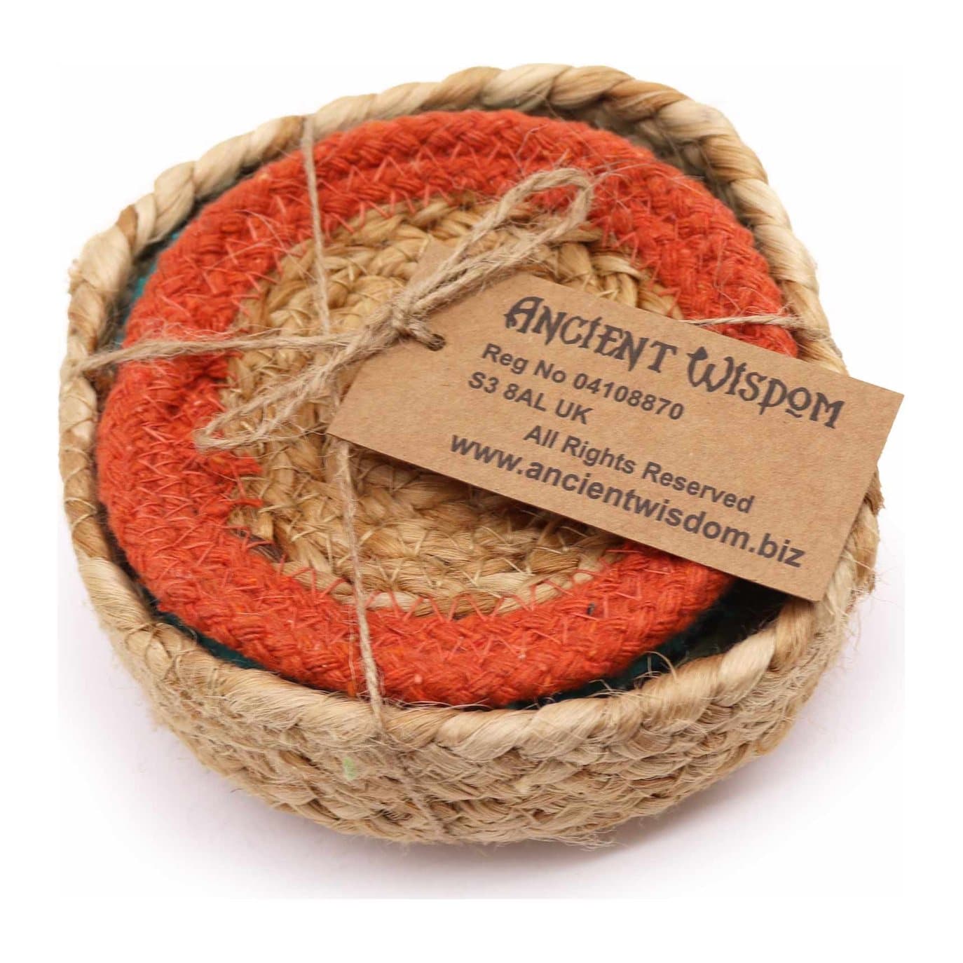 Set of six mixed colour jute and cotton coasters in a basket