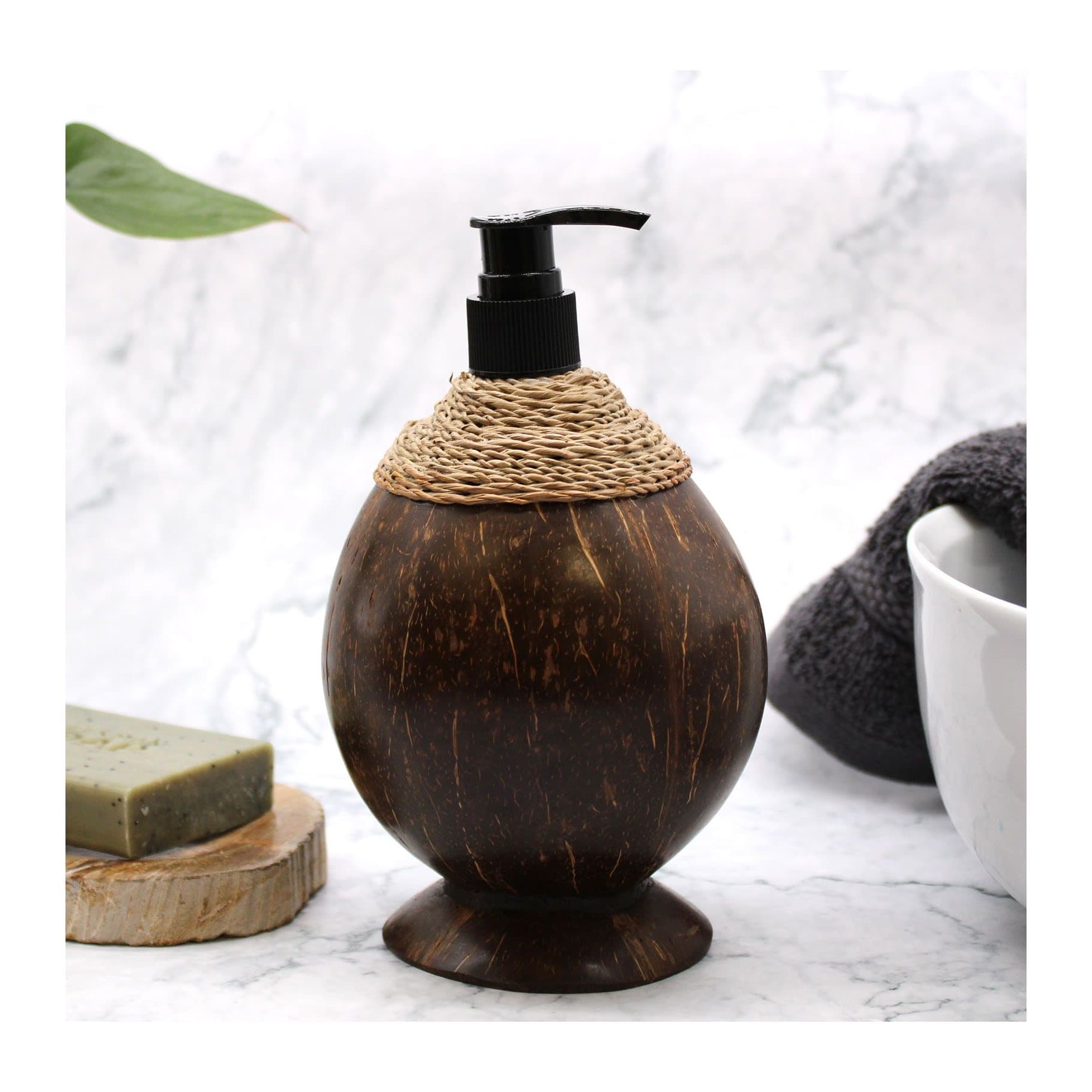 Natural coconut wood soap dispenser with a pump
