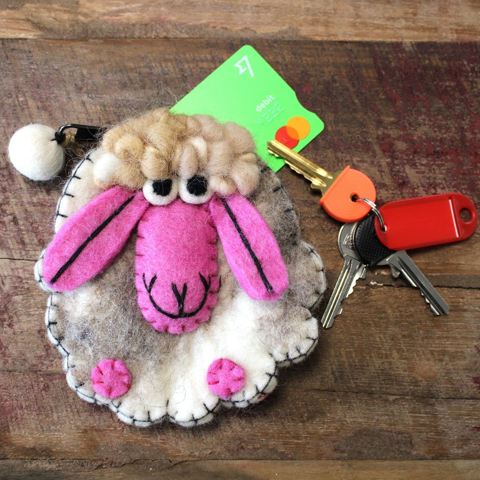 Set of three felt zipper pouches with pink-faced Happy Sheep and felt-ball zip pulls