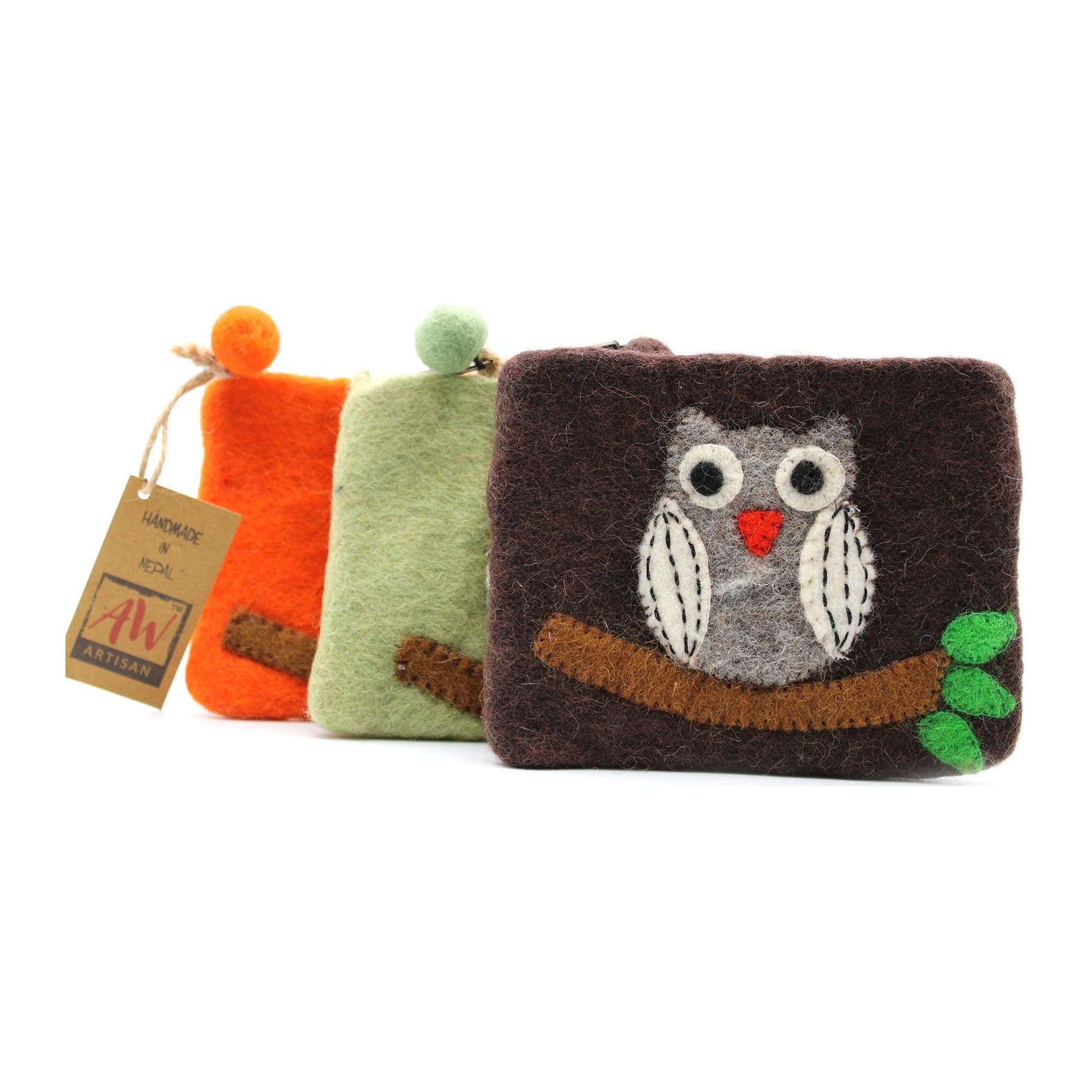 Three felt zipper pouches with a grey owl on a brown branch and felt-ball zip pulls