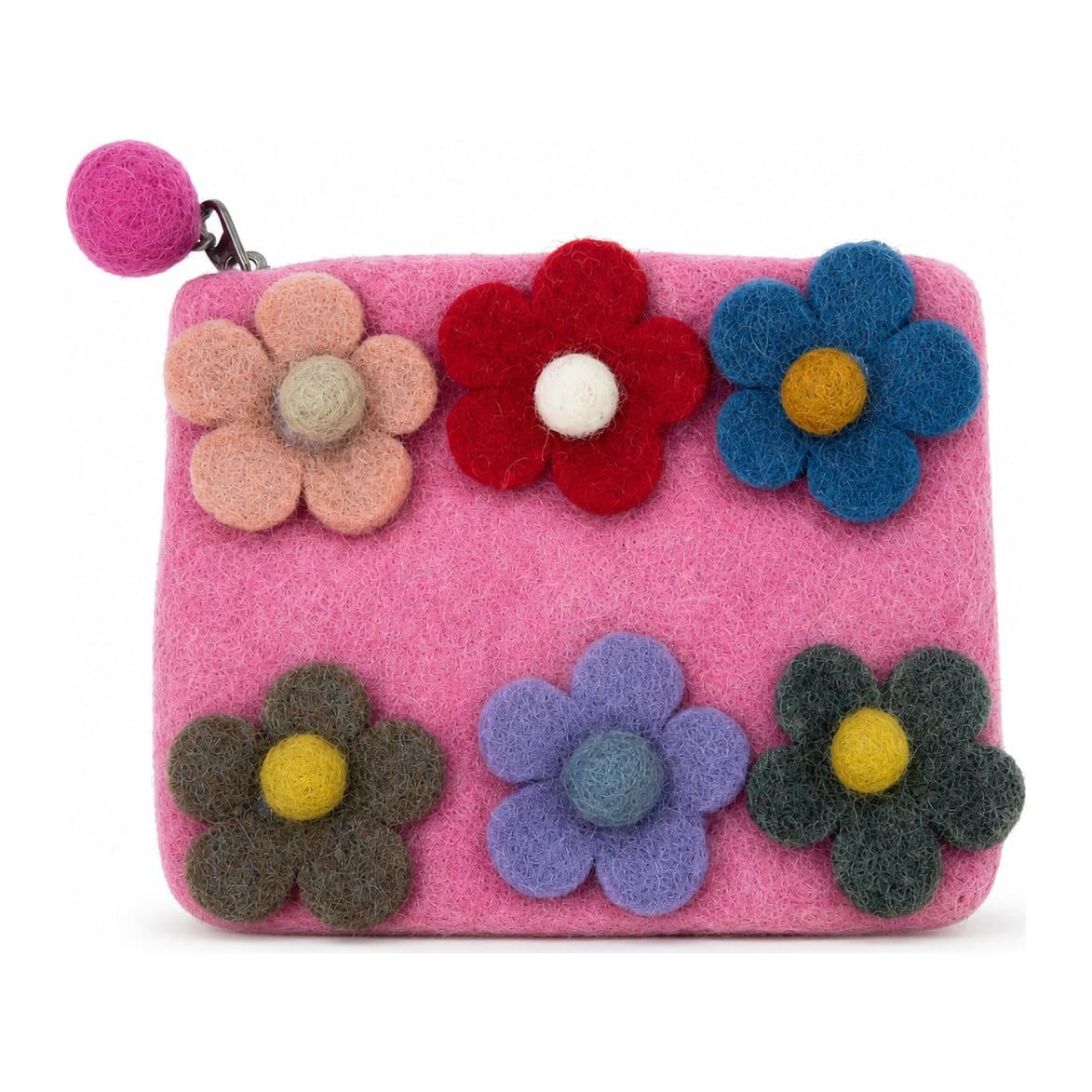 Three felt zipper pouches each decorated with six raised felt flowers