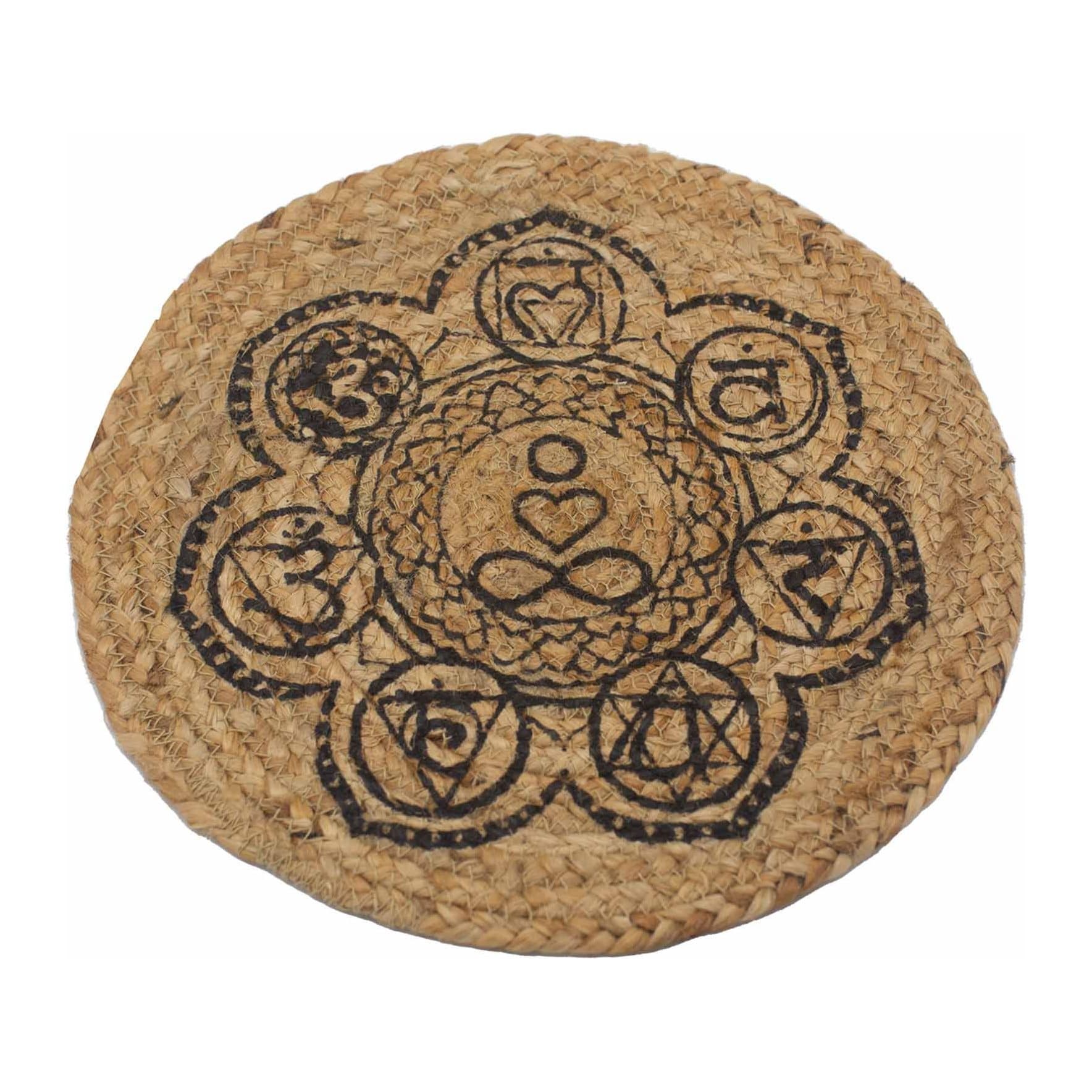 Square natural jute place mat with a Chakra print