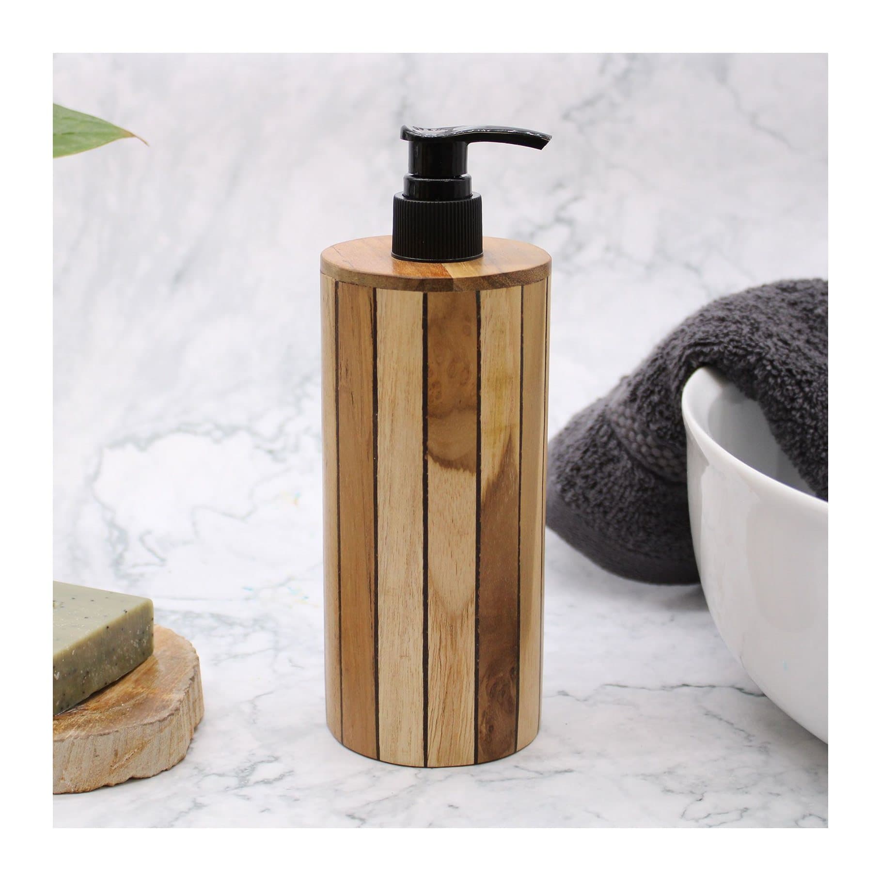 Round teak wood soap dispenser with a pump